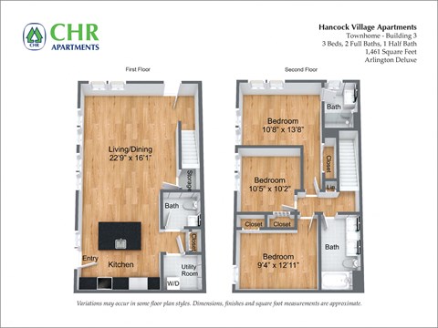 Floor plan for 3 beds, 2.5 baths, 1461 sqft
